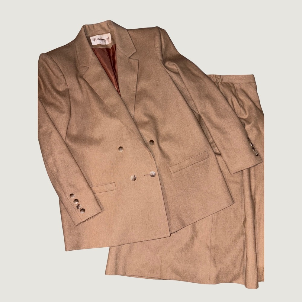 Vintage John Meyer Camel Wool Blend Skirt Suit Set Blazer 14 Skirt 12 Tan Brown